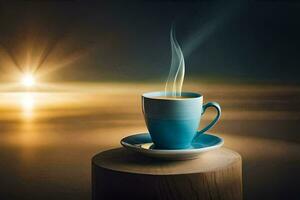 a cup of coffee on a wooden table with the sun in the background. AI-Generated photo