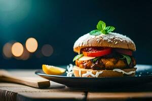 a burger with cheese, tomatoes and herbs on a black plate. AI-Generated photo