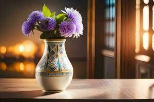 púrpura flores en un florero en un mesa. generado por ai foto