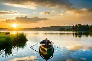 the boat is floating on the calm lake at sunset. AI-Generated photo