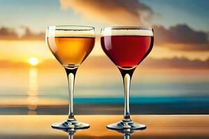 two glasses of wine on a table with the sun setting behind them. AI-Generated photo