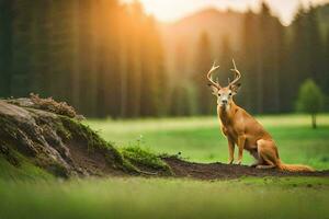 a deer is sitting on a hill in the middle of a forest. AI-Generated photo