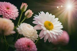 pink and white flowers with sun shining in the background. AI-Generated photo