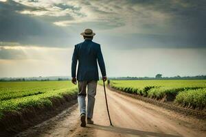 a man walking down a dirt road with a cane. AI-Generated photo