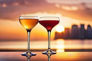 two glasses of wine are sitting on a table with the sunset in the background. AI-Generated photo