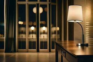 a table lamp is sitting on a table in front of a window. AI-Generated photo