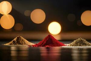 three different types of spices are shown on a table. AI-Generated photo