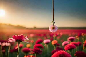 un flor colgando desde un vino en un campo. generado por ai foto