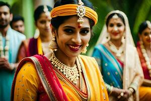 indian bride in traditional attire with her bridesmaids. AI-Generated photo