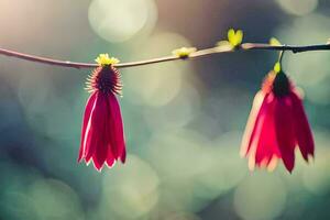 two red flowers are hanging from a branch. AI-Generated photo