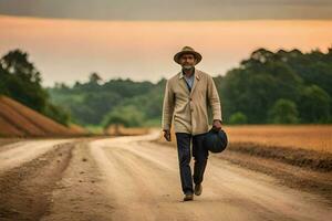 a man in a hat and coat walking down a dirt road. AI-Generated photo
