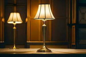 two lamps on a table in front of a wooden panel. AI-Generated photo