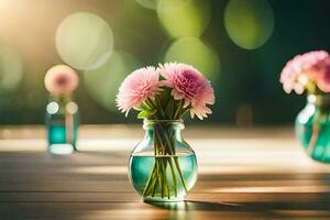 rosado flores en un vaso florero en un de madera mesa. generado por ai foto