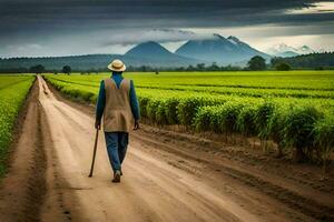 a man walking down a dirt road in front of a field. AI-Generated photo