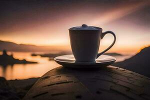 a cup of coffee sits on top of a rock with a sunset in the background. AI-Generated photo