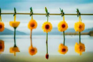 amarillo flores colgando desde un línea en agua. generado por ai foto