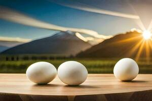 three eggs on a table with mountains in the background. AI-Generated photo