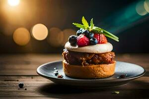 a dessert with berries and cream on a plate. AI-Generated photo