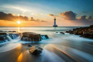 un faro soportes en el medio de el Oceano a puesta de sol. generado por ai foto