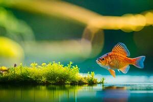 a fish is standing on the edge of a pond. AI-Generated photo