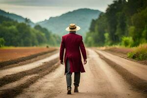 man in red coat walking on dirt road. AI-Generated photo