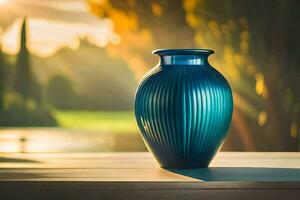 a blue vase sitting on a table in front of a lake. AI-Generated photo