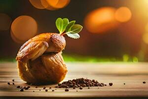 a piece of meat with leaves on it. AI-Generated photo