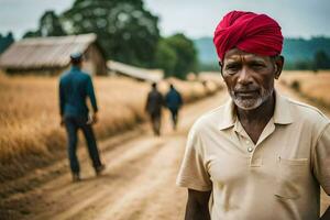 a man in a red turban walking down a dirt road. AI-Generated photo