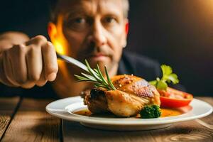 a man is eating a chicken on a plate. AI-Generated photo