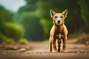 un perro en pie en un suciedad la carretera en el medio de un bosque. generado por ai foto