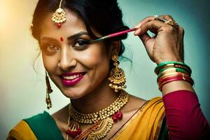 a woman in traditional indian attire is smiling. AI-Generated photo