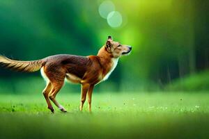 a dog is standing in the grass in front of a green background. AI-Generated photo