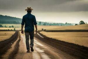 a man in a hat walks down a dirt road. AI-Generated photo