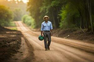 un hombre en un sombrero camina abajo un suciedad la carretera. generado por ai foto