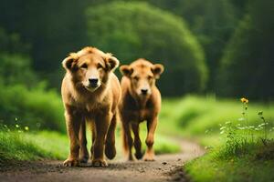 two lions walking down a road in the forest. AI-Generated photo