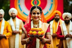 a bride in traditional indian attire holding a cake. AI-Generated photo