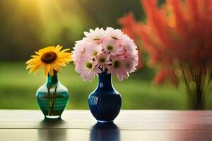 two vases with flowers on a table in front of a field. AI-Generated photo