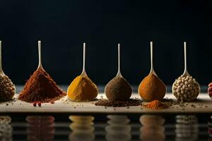 spoons with different spices on a wooden board. AI-Generated photo