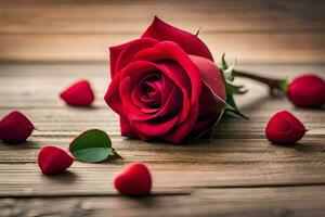 a single red rose is surrounded by red petals on a wooden table. AI-Generated photo