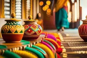 colorful pots and vases are lined up on a floor. AI-Generated photo