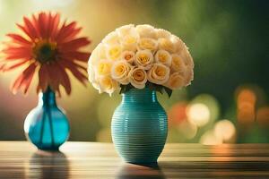 two vases with flowers on a table. AI-Generated photo