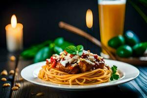 spaghetti with chicken and cheese on a plate. AI-Generated photo