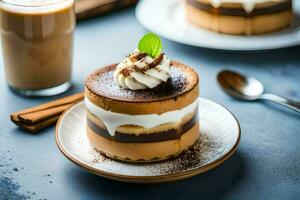 chocolate mousse cake with whipped cream and chocolate sauce on a plate. AI-Generated photo