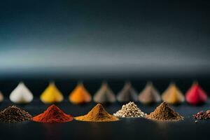 a row of different colored spices. AI-Generated photo