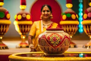 a woman in traditional indian attire stands next to a large pot. AI-Generated photo