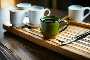 café tazas y un bolígrafo en un bandeja. generado por ai foto