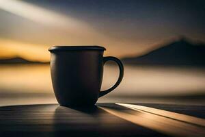 a coffee cup sits on a table in front of a sunset. AI-Generated photo