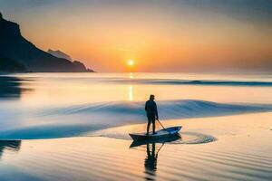 un hombre en un canoa remar a puesta de sol. generado por ai foto