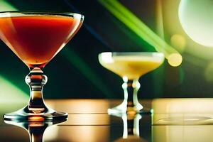 two cocktails sit on a table with a bright light. AI-Generated photo