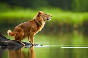 a lion standing on a rock in the water. AI-Generated photo